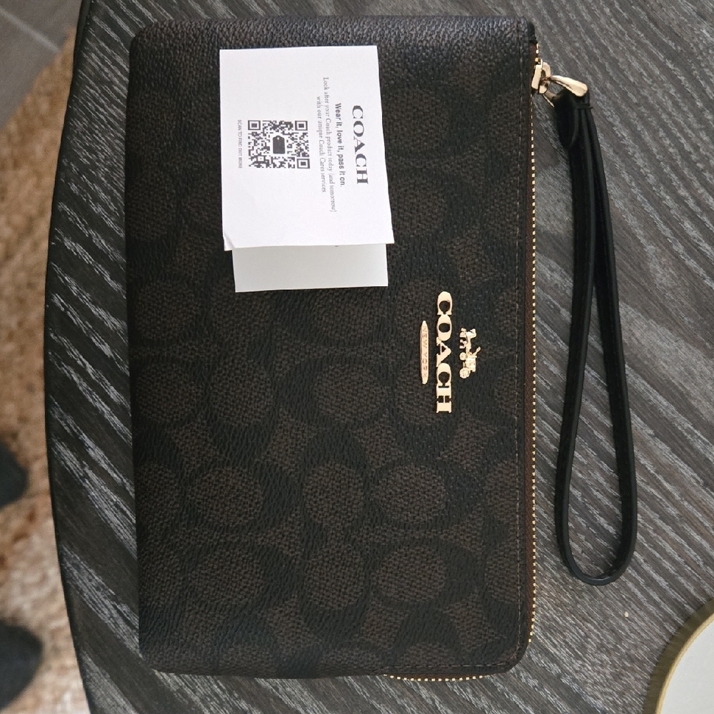 Coach Walnut and Black Signature Canvas Wristlet